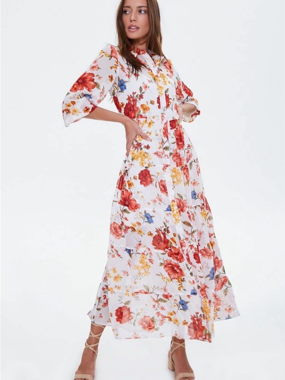Forever 21 floral chiffon like maxi shirt dress Small S NEW NWT